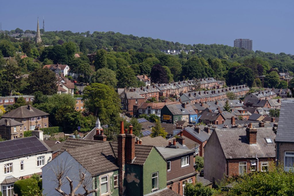 a city with lots of houses and a hill in the background